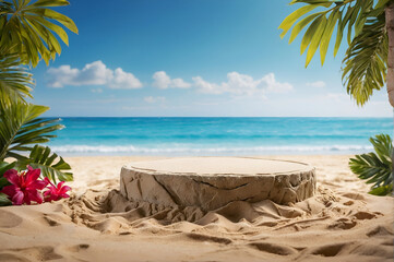 Fototapeta na wymiar Sand and tropical sea background with podium 