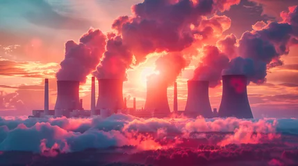 Schilderijen op glas Power Generation at Sunset, A Glimpse into the Heart of Energy Production, The Duality of Technology and Nature © NURA ALAM