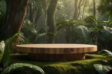 product presentation  background. Wooden podium in tropical forest
