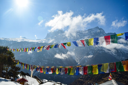 Beautiful Himalayan mountains with Tibetan prayer flags