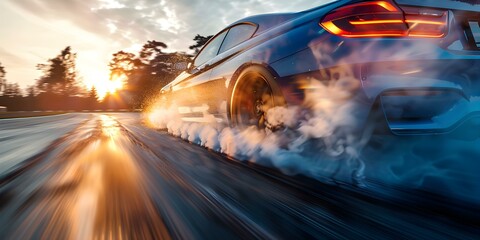 Sunset merges with drifting car smoke billowing from burning tires blurred movement. Concept Car Drifting, Dramatic Sunset, Blurred Motion, Smoke Trails, Action Photography - obrazy, fototapety, plakaty