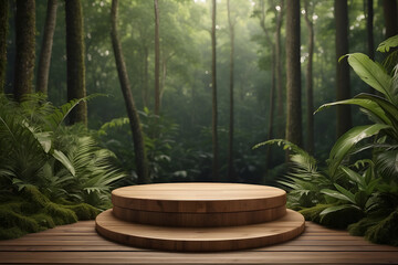 product presentation  background. Wooden podium in tropical forest
