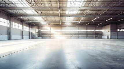 Bright empty warehouse sunny day gray walls
