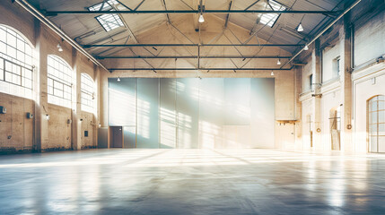 Bright empty warehouse sunny day gray walls