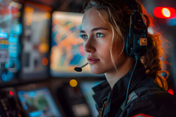 a united states emergency services call dispatcher speaking into their headset and with tracking maps on the screens - obrazy, fototapety, plakaty