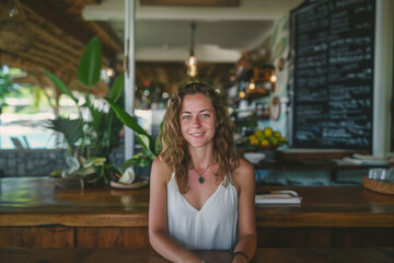A woman in her late 20s is seated at a boho, instaworthy cafe, relaxed and smiling