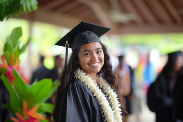 A woman wearing a graduation cap, gown, and floral lei, signaling the achievement of completing a degree. She stands confidently, ready to embark on her next chapter.