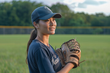 A young woman dressed in a baseball uniform is holding a baseball glove. She appears ready and focused, possibly preparing for a game - Powered by Adobe