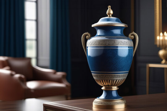 Cremation Urn for Ashes isolated in home luxury interior. urn funeral ashes