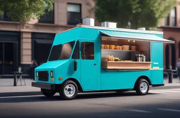 Aquamarine food truck with detailed interior on street. Takeaway. Food car cafe open doors