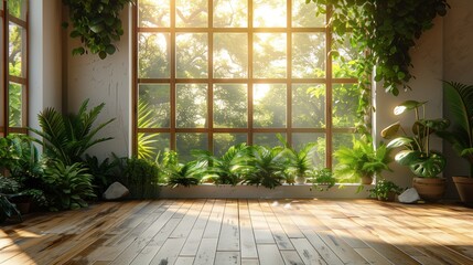 The background of the free space inside the room simulates sunlight and shadows. The room wall is a warm room in a warm summer. With sunlight and shadows, leaves and an empty parquet floor.