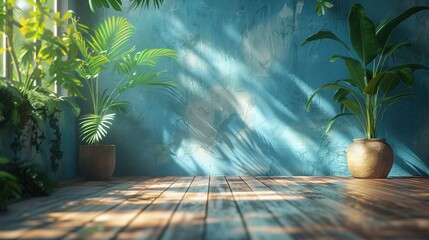 The background of the free space inside the room simulates sunlight and shadows. The room wall is a warm room in a warm summer. With sunlight and shadows, leaves and an empty parquet floor. - obrazy, fototapety, plakaty