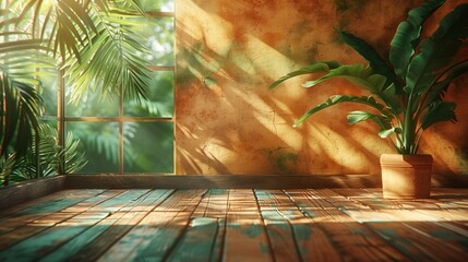 The background of the free space inside the room simulates sunlight and shadows. The room wall is a warm room in a warm summer. With sunlight and shadows, leaves and an empty parquet floor. - obrazy, fototapety, plakaty