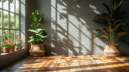 The background of the free space inside the room simulates sunlight and shadows. The room wall is a warm room in a warm summer. With sunlight and shadows, leaves and an empty parquet floor.