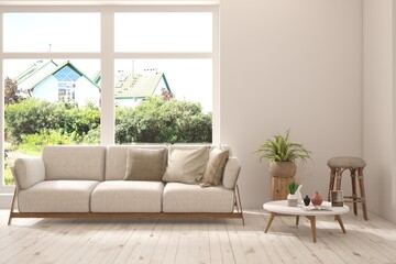 Contemporary classic white interior with furniture and decor and summer landscape in window. Scandinavian interior design. 3D illustration