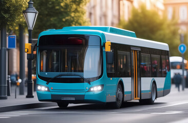 Obraz premium Aquamarine bus moving on the road in city in early morning. City bus goes along street. Big city life