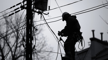 an electrician on a power line performs work