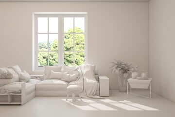 Grey living room concept with sofa and summer landscape in window. Scandinavian interior design. 3D illustration