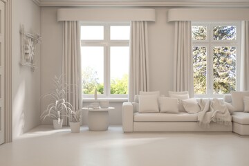 Grey interior design concept with furniture. 3D illustration