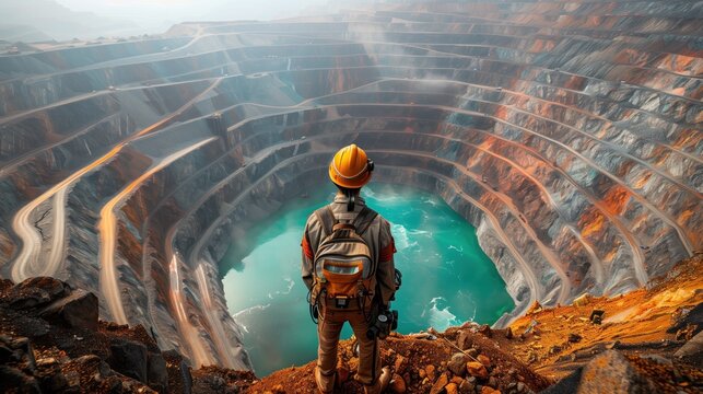 A mining engineer surveys a large open pit mine.