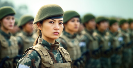 Fototapeta premium Group of Asian women in military digital camouflage uniforms standing at army ceremony or presentation. Generative AI