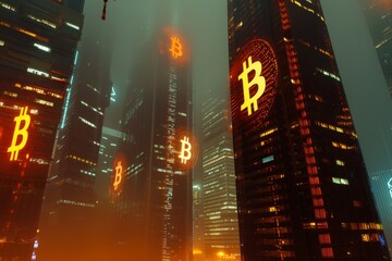 Busy Cityscape Illuminated at Night with Bitcoin Symbols Projected on Skyscrapers, Reflecting the Cryptocurrency Boom Concept