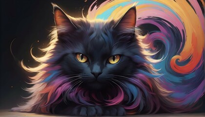 With a graceful movement, a cat with abstract beauty approaches perfection, its fur a swirl of psychedelic colors. The moonlight adds a touch of magic to its already dynamic presence.