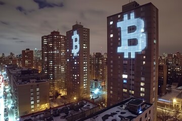 Cityscape at Night with Bitcoin Symbols Projected onto Skyscrapers, Illustrating the Cryptocurrency Boom Concept