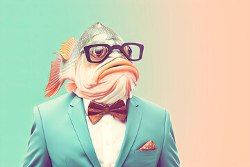 Man in Suit and Tie Wearing Fish Mask