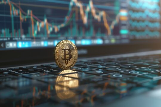 Golden Bitcoin Coin Resting on Sleek Laptop Keyboard, Reflecting Stock Market Graphs, Illustrating the Concept of Digital Currency and Online Trading
