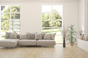 Contemporary classic white interior with furniture and decor and summer landscape in window. Scandinavian interior design. 3D illustration