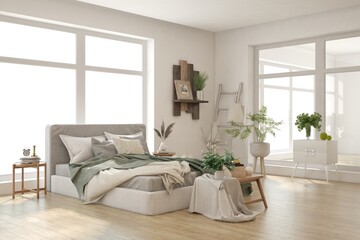 Fototapeta na wymiar White bedroom concept. Scandinavian interior design. 3D illustration