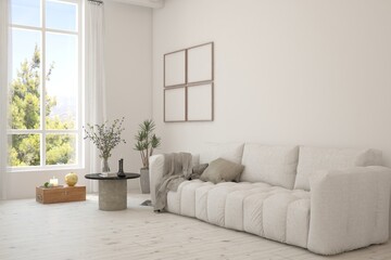 White living room with sofa and summer landscape in window. Scandinavian interior design. 3D illustration