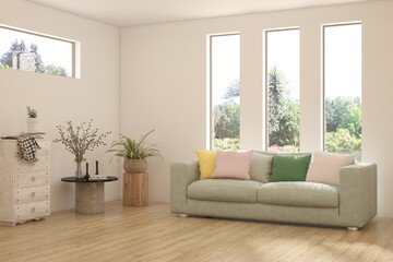 White living room with sofa and summer landscape in window. Scandinavian interior design. 3D illustration