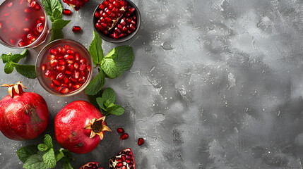 Ripe red pomegranate. Ripe grains of pomegranate on the table. Pomegranate juice,Ripe pomegranates with leaves. On a rustic background,Fresh and healthy pomegranate on a grey background, 