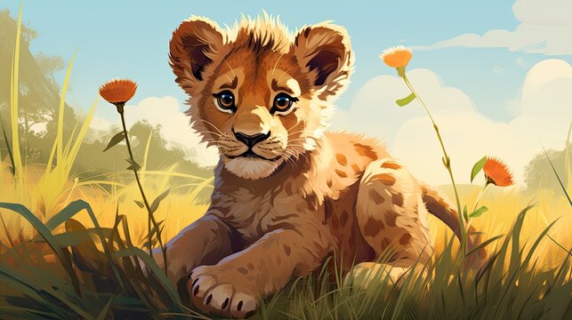 cartoon lion cub in the grass. cute animal