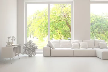 Foto op Plexiglas Grey living room concept with sofa and summer landscape in window. Scandinavian interior design. 3D illustration © AntonSh