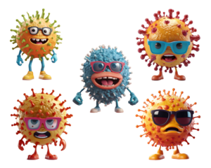 3d illustration of a cartoon corona virus character set. Generative AI