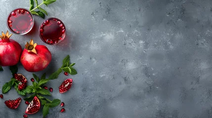 Foto op Aluminium Ripe red pomegranate. Ripe grains of pomegranate on the table. Pomegranate juice,Ripe pomegranates with leaves. On a rustic background,Fresh and healthy pomegranate on a grey background,   © Raees