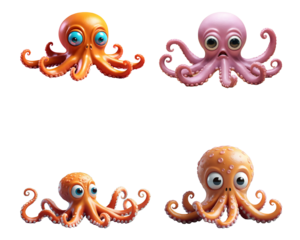 3d rendering of a cute cartoon octopus set. Generative AI
