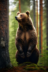 Majestic Brown Bear Standing Tall Amidst The Lush Green Wilderness- Capturing Nature's Raw Resilience.