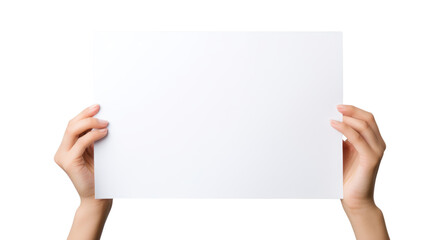 Background for text, graphic concept,Female hand holding blank white paper isolated on transparent and white background.PNG image.