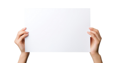 Background for text, graphic concept,Female hand holding blank white paper isolated on transparent and white background.PNG image.