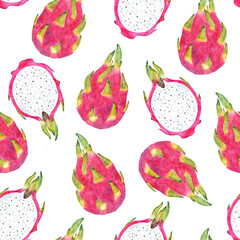 Watercolor dragon fruit seamless pattern on white background