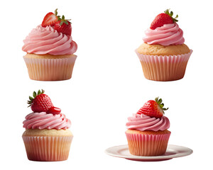 Cupcake with strawberry set on white background. Generative AI