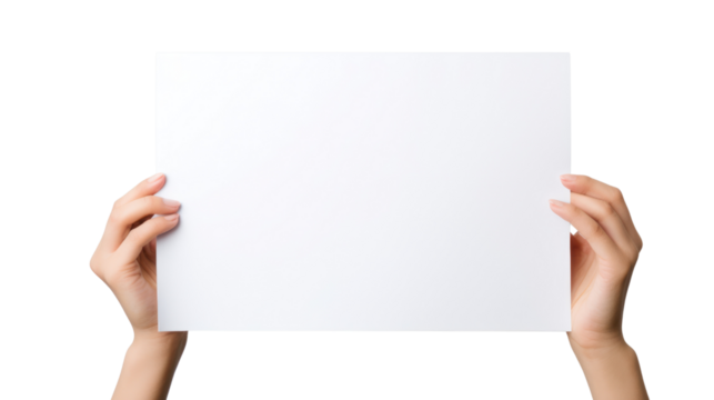 Background for text, graphic concept,Female hand holding blank white paper isolated on transparent and white background.PNG image.