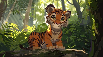 cartoon tiger cub in the forest. cute animal