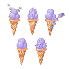 A set of lavender ice cream in waffle cones. Purple sorbet. Vector illustration on white background.