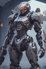 Fototapeta premium Heavily armed mech soldier from the future. AI generated illustration