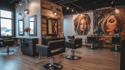 spacious, well-lit hair salon, featuring sleek styling stations, large mirrors, and comfortable chairs, awaits clients for a luxurious styling experience. - obrazy, fototapety, plakaty